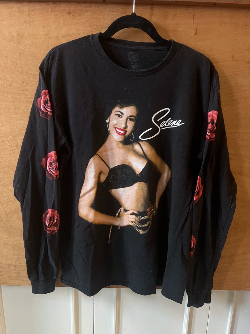 Selena Black Long-Sleeve Graphic Tee with Red Rose Sleeves